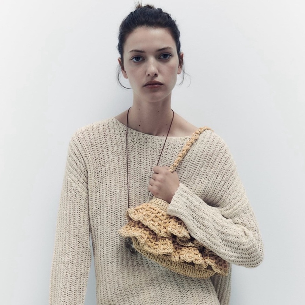 Zara Raffia Ruffle Beaded Shoulder Bag